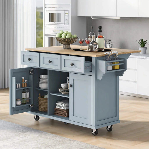 Kitchen Cart with Rubber wood Drop-Leaf Countertop ,Cabinet door internal storage racks,Kitchen Island on 5 Wheels with Storage Cabinet and 3 Drawers for Dinning Room, Grey Blue Default -DTYStore