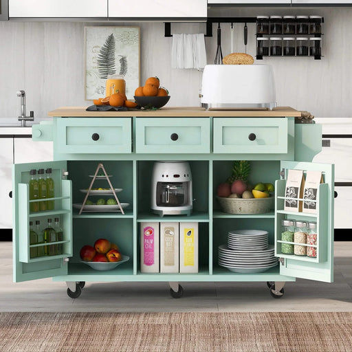 Kitchen Cart with Rubber wood Drop-Leaf Countertop ,Cabinet door internal storage racks,Kitchen Island on 5 Wheels with Storage Cabinet and 3 Drawers for Dinning Room, Mint Green Default -DTYStore
