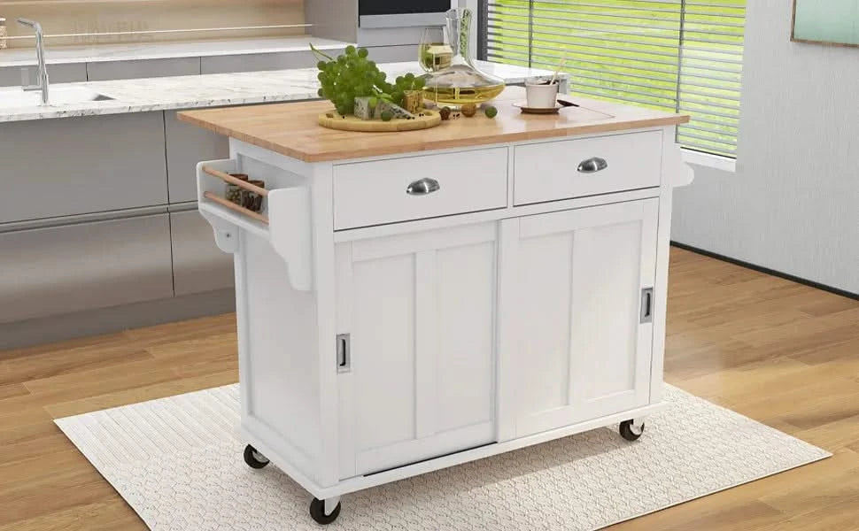 Kitchen Cart with Rubber wood Drop-Leaf Countertop, Concealed sliding barn door adjustable height,Kitchen Island on 4 Wheels with Storage Cabinet and 2 Drawers,L52.2xW30.5xH36.6 inch, White Default -DTYStore