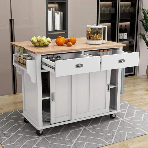 Kitchen Cart with Rubber wood Drop-Leaf Countertop, Concealed sliding barn door adjustable height,Kitchen Island on 4 Wheels with Storage Cabinet and 2 Drawers,L52.2xW30.5xH36.6 inch, White Default -DTYStore