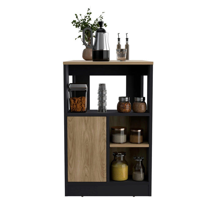 Kitchen Island 36' H, Three Open Side Storage Shelves and One Push-to-Open Cabinet, Black / Natural Oak Default -DTYStore