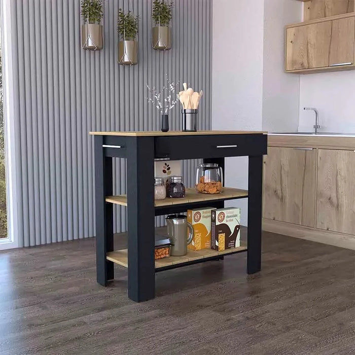 Kitchen Island 40 Inches Dozza, Two Shelves, Black Wengue / Light Oak Finish Default -DTYStore