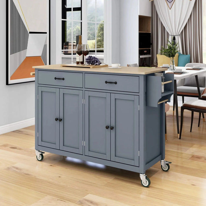 Kitchen Island Cart with Solid Wood Top and Locking Wheels,54.3 Inch Width,4 Door Cabinet and Two Drawers,Spice Rack, Towel Rack (Grey Blue) Default -DTYStore