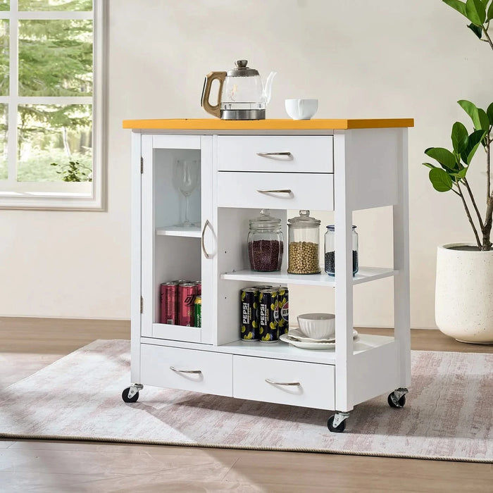 Kitchen Island Cart with walnut wood Top, Rolling Storage Cabinet on Wheels with Drawers, Sideboard Buffet with Towel Bar, White Default -DTYStore