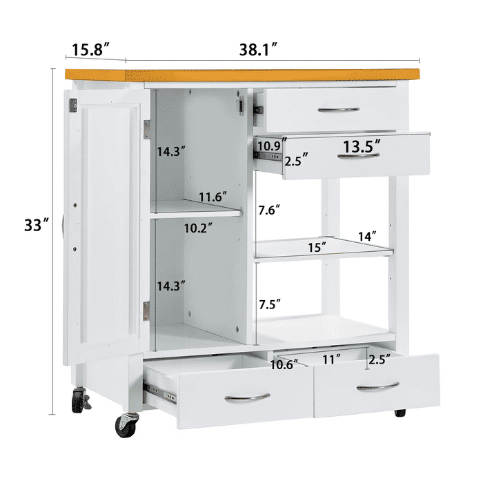 Kitchen Island Cart with walnut wood Top, Rolling Storage Cabinet on Wheels with Drawers, Sideboard Buffet with Towel Bar, White Default -DTYStore