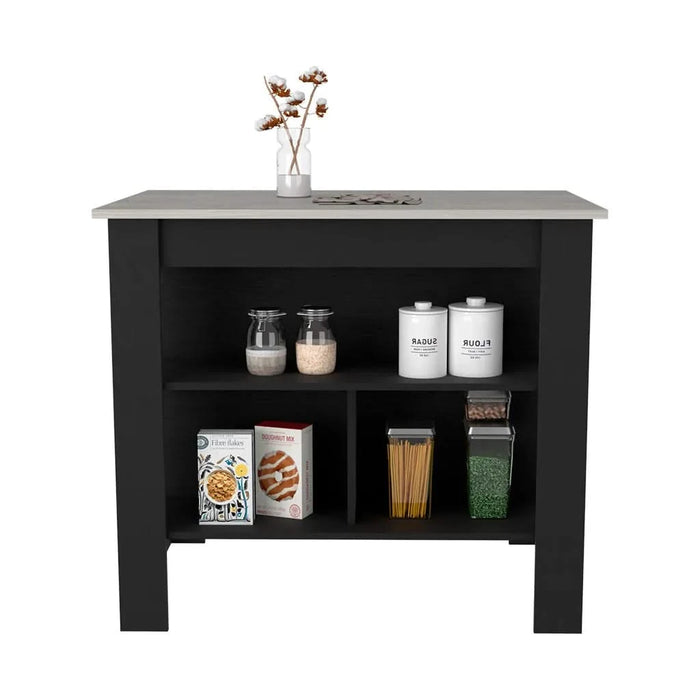 Kitchen Island Dozza, Three Shelves, Black / Ibiza Marble Color Finish Default -DTYStore