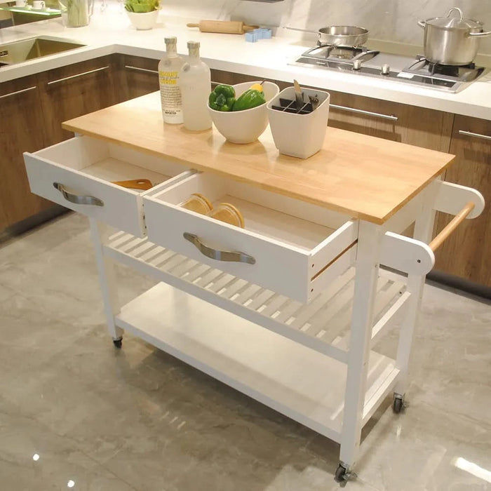 Kitchen Island & Kitchen Cart, Rubber Wood Top, Mobile Kitchen Island with Two Lockable Wheels, Simple Design for Easy Storing and Fetching, Two Drawers Give Unique Storage for Special Utensil. Default -DTYStore