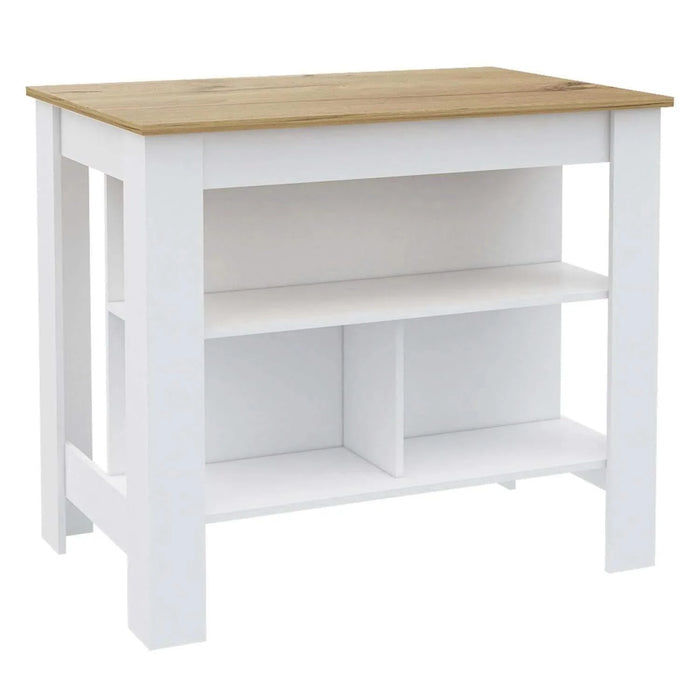 Kitchen Island, kitchen table 35' H, Four Legs, Three Open Storage Shelves, White / Light Oak Default -DTYStore