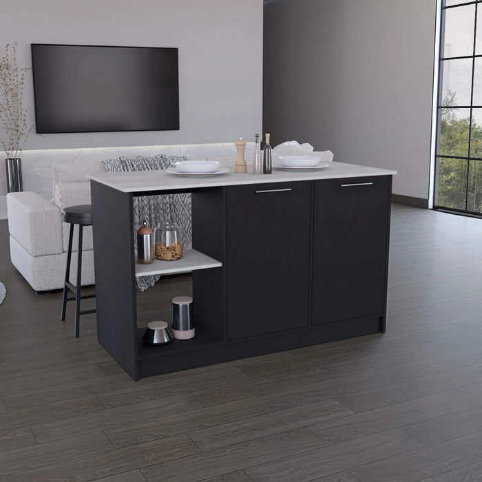 Kitchen Island with Large Countertop, Open Storage Shelves and Double Door Cabinet, Black / Onyx Default -DTYStore