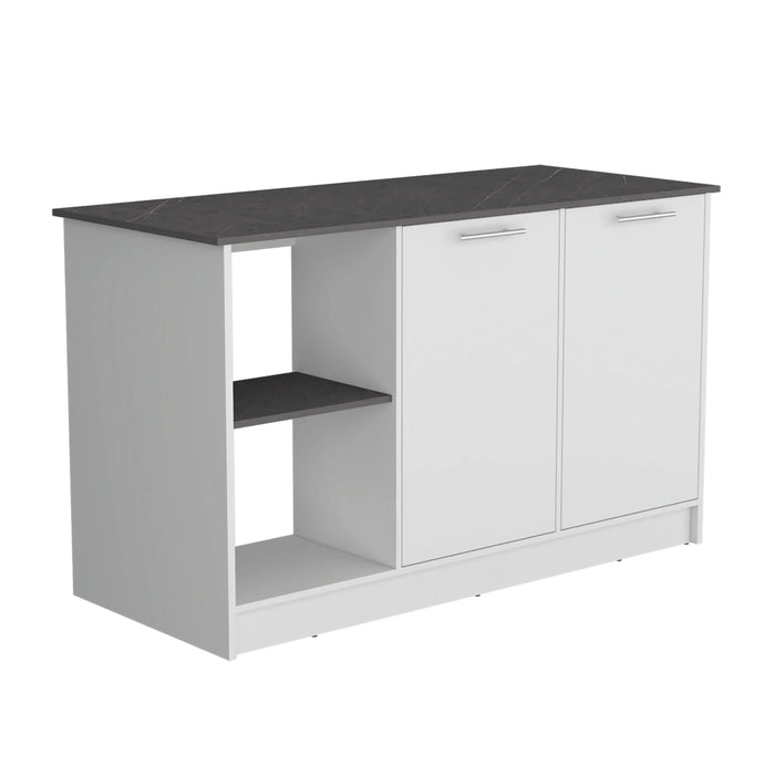 Kitchen Island with Large Countertop, Open Storage Shelves and Double Door Cabinet, White / Onyx Default -DTYStore