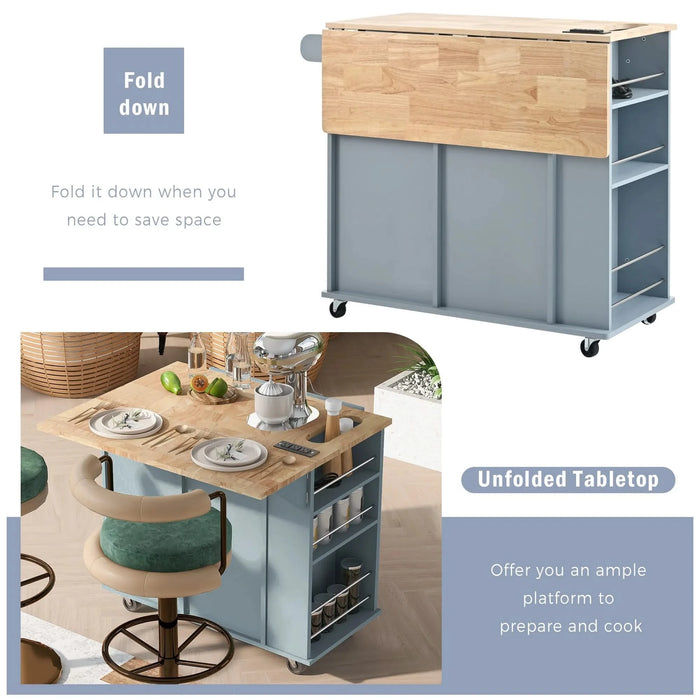 Kitchen Island with Power Outlet,Kitchen Storage Island with Drop Leaf and Rubber Wood,Open Storage and Wine Rack,5 Wheels,with Adjustable Storage for Home, Kitchen, and Dining Room, Grey Blue Default -DTYStore