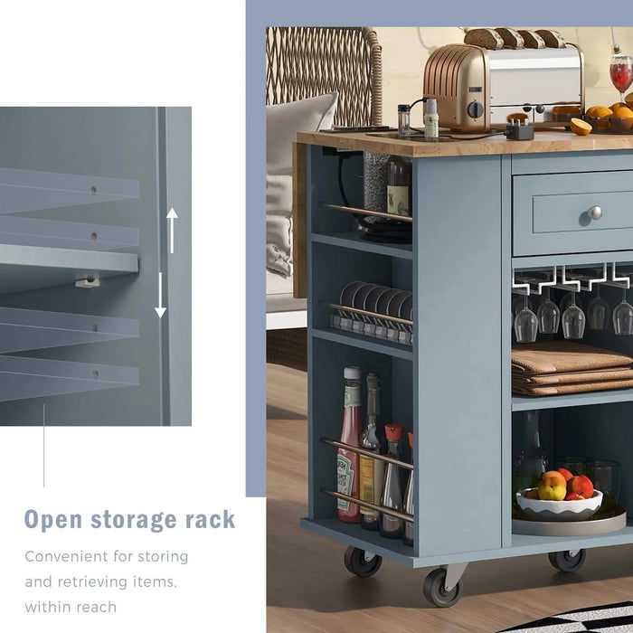 Kitchen Island with Power Outlet,Kitchen Storage Island with Drop Leaf and Rubber Wood,Open Storage and Wine Rack,5 Wheels,with Adjustable Storage for Home, Kitchen, and Dining Room, Grey Blue Default -DTYStore