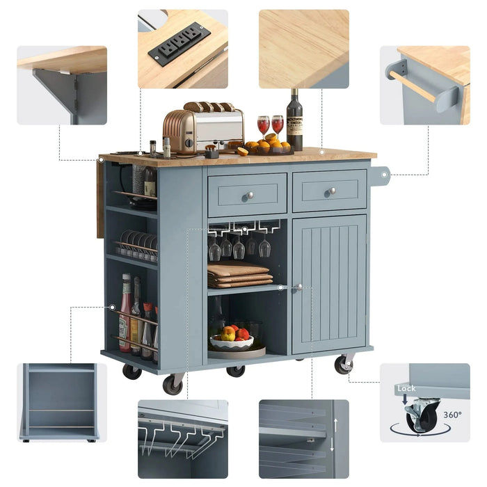 Kitchen Island with Power Outlet,Kitchen Storage Island with Drop Leaf and Rubber Wood,Open Storage and Wine Rack,5 Wheels,with Adjustable Storage for Home, Kitchen, and Dining Room, Grey Blue Default -DTYStore