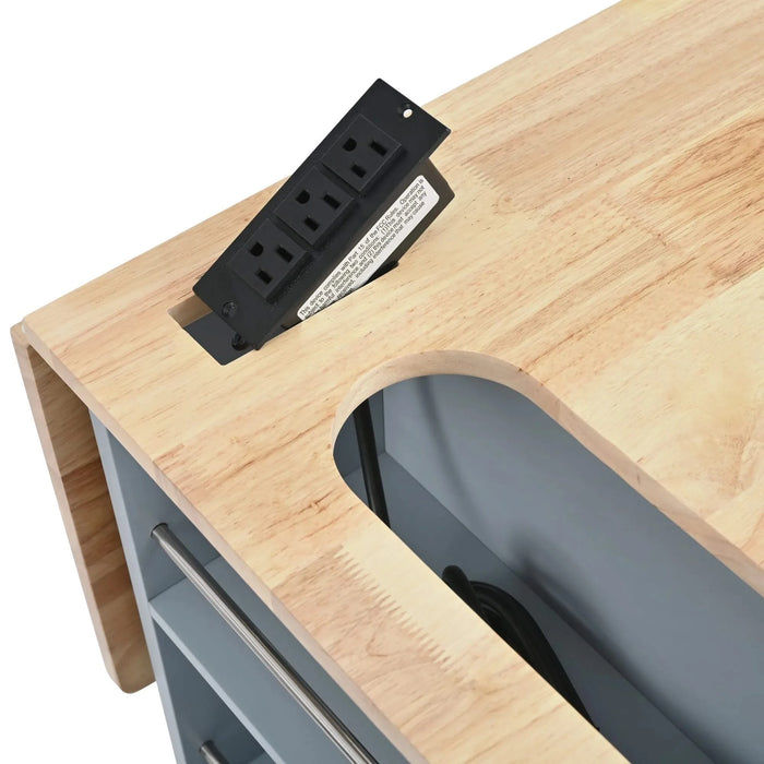 Kitchen Island with Power Outlet,Kitchen Storage Island with Drop Leaf and Rubber Wood,Open Storage and Wine Rack,5 Wheels,with Adjustable Storage for Home, Kitchen, and Dining Room, Grey Blue Default -DTYStore