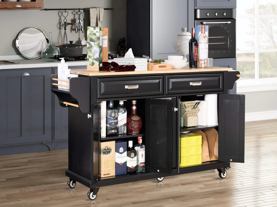 Kitchen Island with Rubber wood Countertop, Kitchen Cart on 5 Wheels with Storage Cabinet and 2 Top Drawers and A center double layered storage drawer for Dinning Room, Black Default -DTYStore