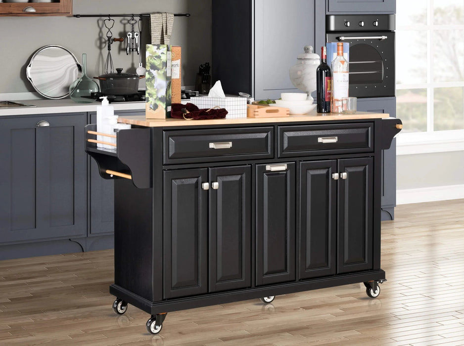 Kitchen Island with Rubber wood Countertop, Kitchen Cart on 5 Wheels with Storage Cabinet and 2 Top Drawers and A center double layered storage drawer for Dinning Room, Black Default -DTYStore