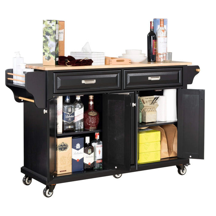 Kitchen Island with Rubber wood Countertop, Kitchen Cart on 5 Wheels with Storage Cabinet and 2 Top Drawers and A center double layered storage drawer for Dinning Room, Black Default -DTYStore