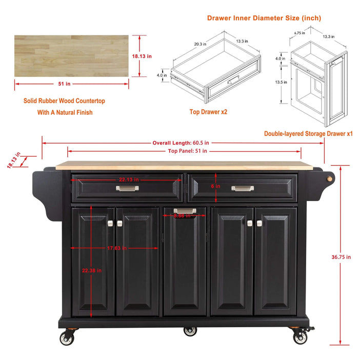Kitchen Island with Rubber wood Countertop, Kitchen Cart on 5 Wheels with Storage Cabinet and 2 Top Drawers and A center double layered storage drawer for Dinning Room, Black Default -DTYStore