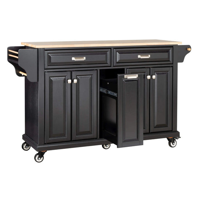 Kitchen Island with Rubber wood Countertop, Kitchen Cart on 5 Wheels with Storage Cabinet and 2 Top Drawers and A center double layered storage drawer for Dinning Room, Black Default -DTYStore