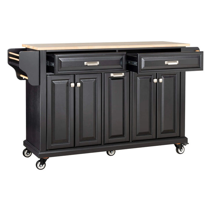 Kitchen Island with Rubber wood Countertop, Kitchen Cart on 5 Wheels with Storage Cabinet and 2 Top Drawers and A center double layered storage drawer for Dinning Room, Black Default -DTYStore