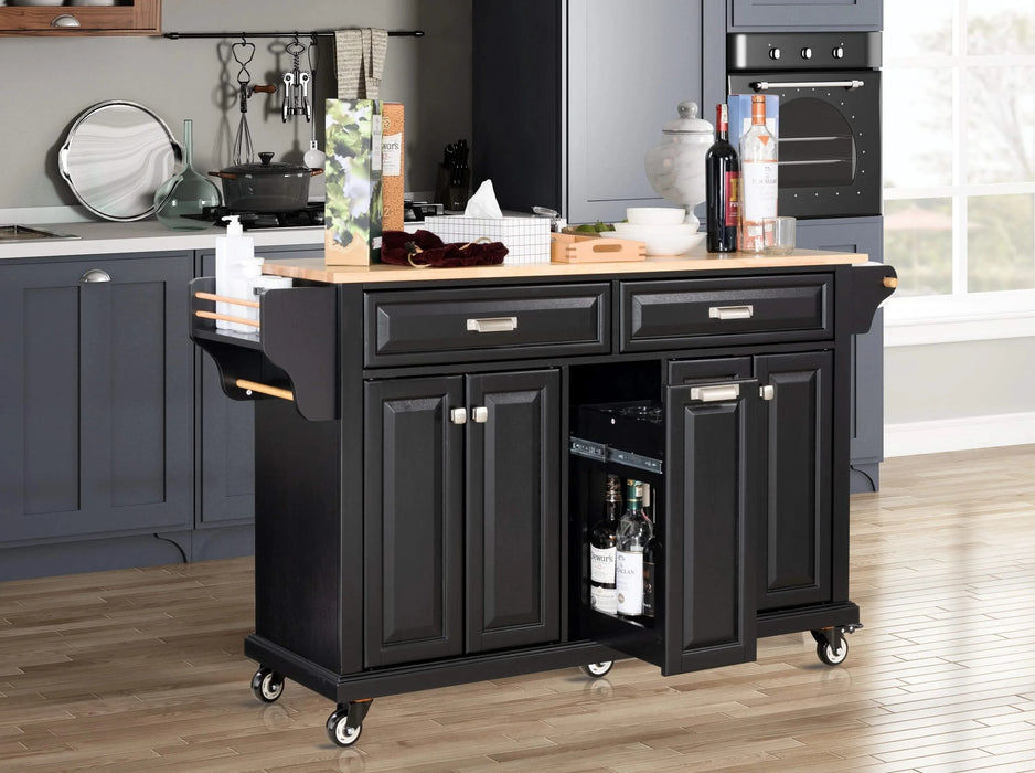 Kitchen Island with Rubber wood Countertop, Kitchen Cart on 5 Wheels with Storage Cabinet and 2 Top Drawers and A center double layered storage drawer for Dinning Room, Black Default -DTYStore