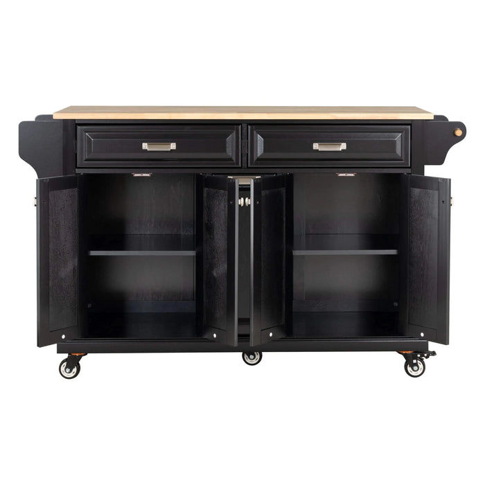 Kitchen Island with Rubber wood Countertop, Kitchen Cart on 5 Wheels with Storage Cabinet and 2 Top Drawers and A center double layered storage drawer for Dinning Room, Black Default -DTYStore
