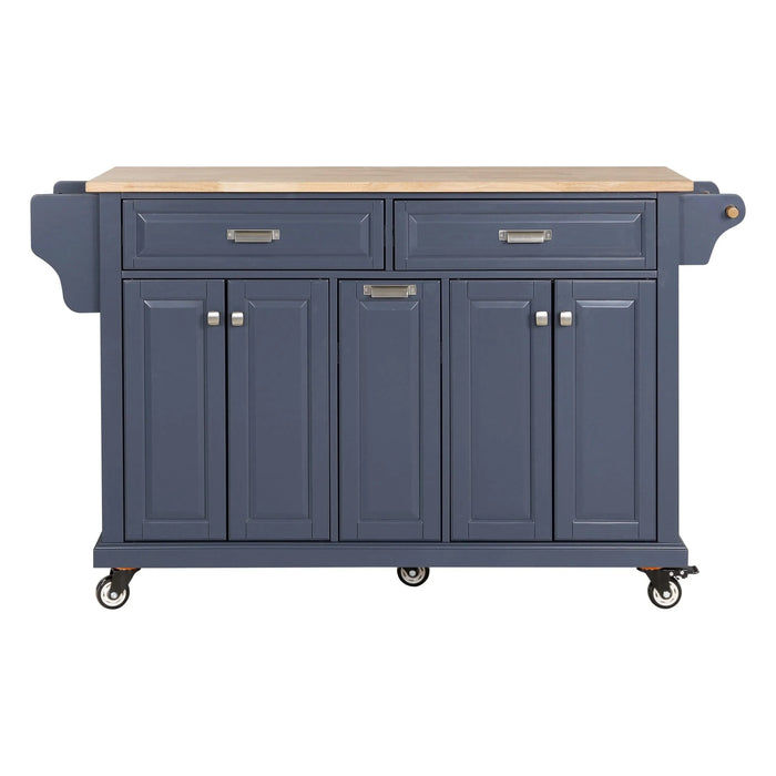 Kitchen Island with Rubber wood Countertop, Kitchen Cart on 5 Wheels with Storage Cabinet and 2 Top Drawers and A center double layered storage drawer for Dinning Room, Blue Default -DTYStore