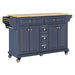 Kitchen Island with Rubber wood Countertop, Kitchen Cart on 5 Wheels with Storage Cabinet and 5 Drawers for Dinning Room, Blue Default -DTYStore