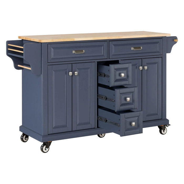 Kitchen Island with Rubber wood Countertop, Kitchen Cart on 5 Wheels with Storage Cabinet and 5 Drawers for Dinning Room, Blue Default -DTYStore