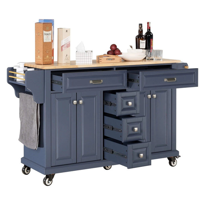 Kitchen Island with Rubber wood Countertop, Kitchen Cart on 5 Wheels with Storage Cabinet and 5 Drawers for Dinning Room, Blue Default -DTYStore