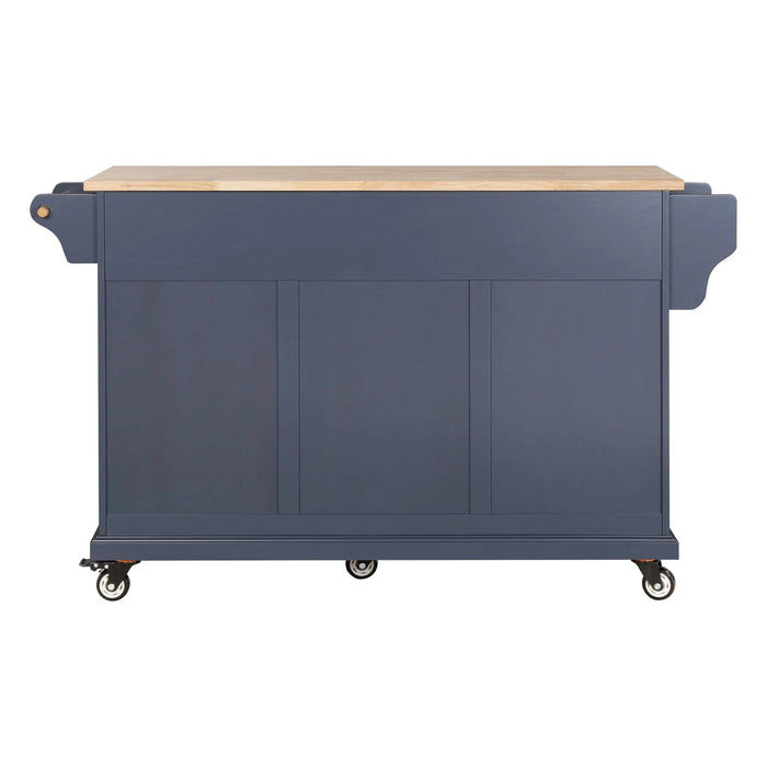 Kitchen Island with Rubber wood Countertop, Kitchen Cart on 5 Wheels with Storage Cabinet and 5 Drawers for Dinning Room, Blue Default -DTYStore