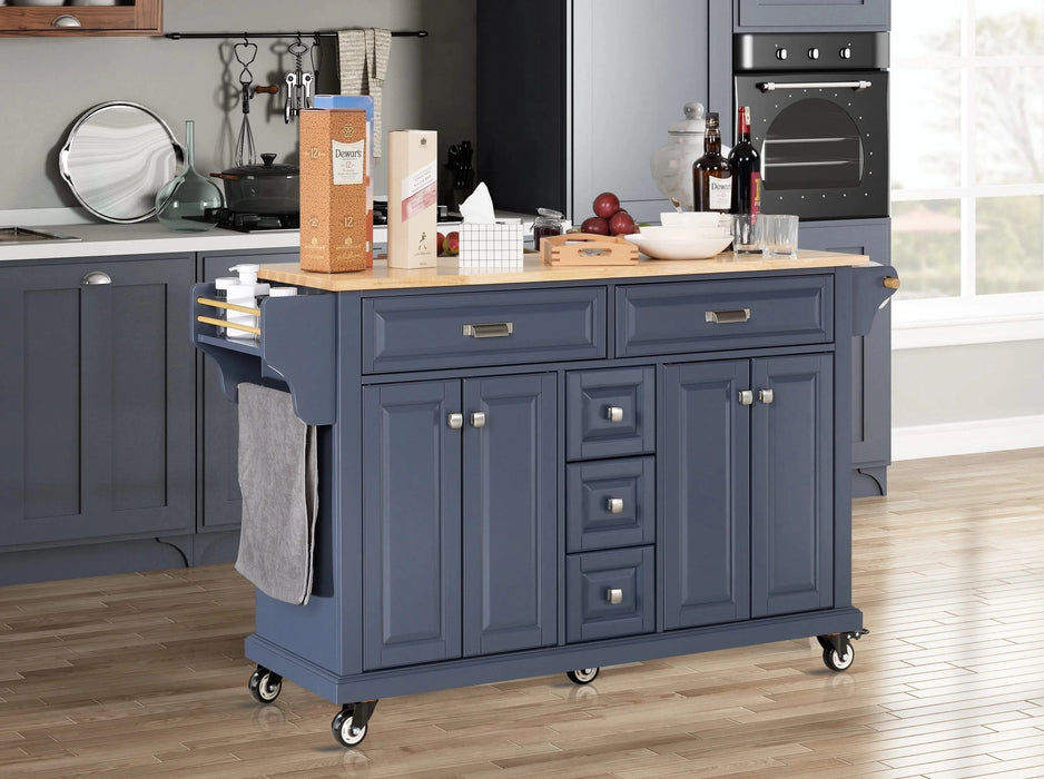 Kitchen Island with Rubber wood Countertop, Kitchen Cart on 5 Wheels with Storage Cabinet and 5 Drawers for Dinning Room, Blue Default -DTYStore