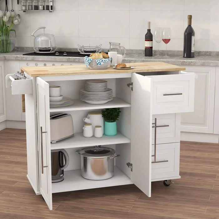 Kitchen Island with Spice Rack, Towel Rack and Extensible Solid Wood Table Top-White Default -DTYStore