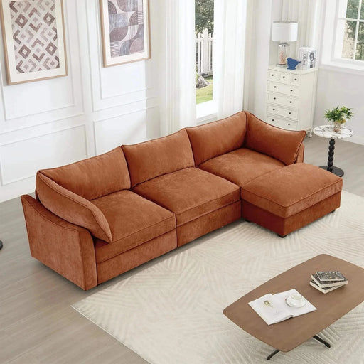 L-Shaped 3 Seater Sectional Sofa Couch,3-seat Sofa with 1 Movable Ottoman, t, Comfortable, Wide and Deep Seat, Chenille Orange -DTYStore