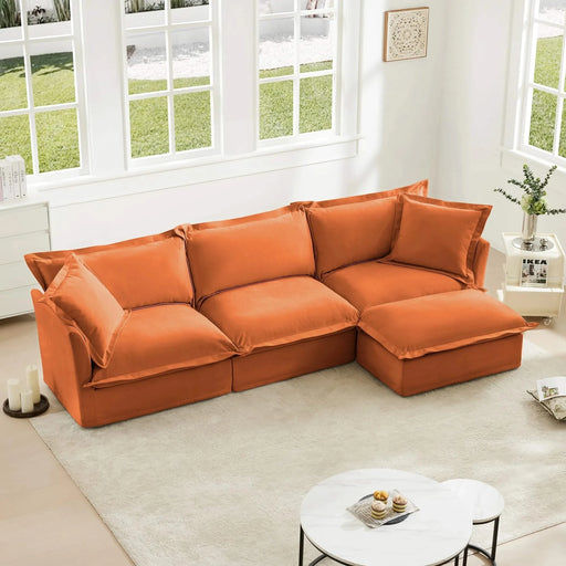 L-Shaped Slipcovered Sectional Sofa Couch, Comfy Chenille Deep Seat Cloud Couch with Convertible Ottoman & 2 Big Pillows, Modern Oversized 3 Seater Slipcovered Sofa Set for Living Room Office Orange -DTYStore
