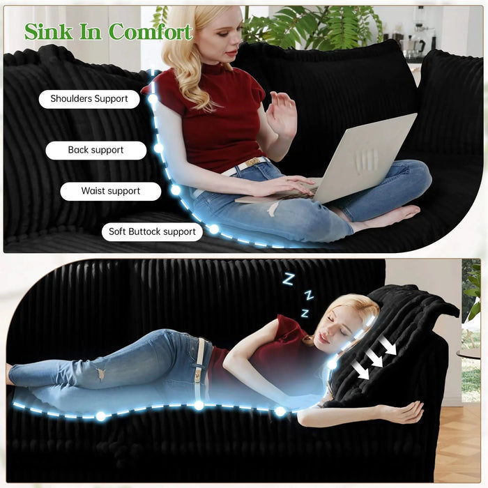 L-Shaped Slipcovered Sectional Sofa Couch, Comfy Deep Seat Cloud Couch with Convertible Ottoman & 2 Big Pillows, Modern Oversized 3 Seater Slipcovered Sofa Set for Living Room Office, Black Corduroy Default -DTYStore