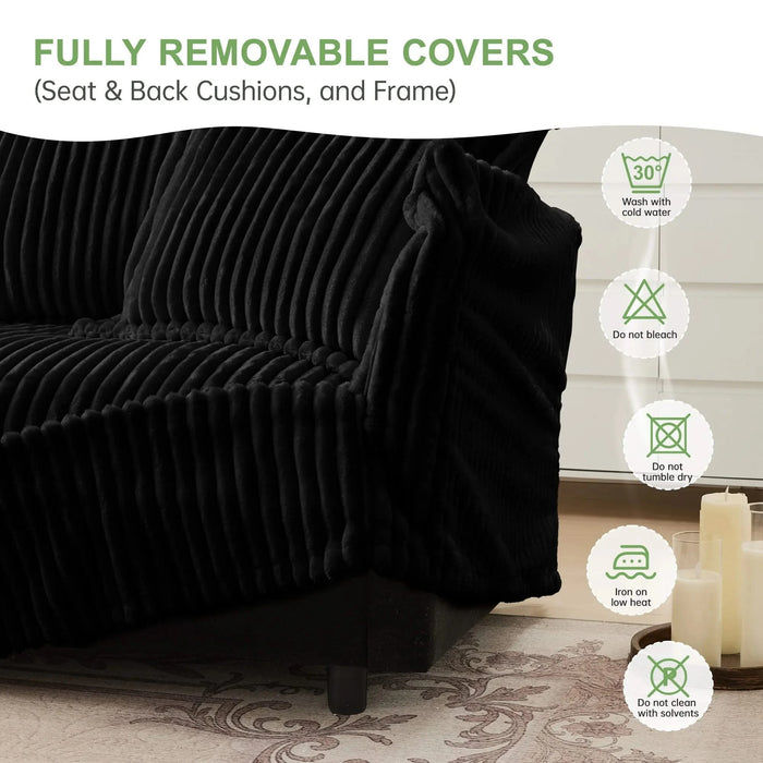 L-Shaped Slipcovered Sectional Sofa Couch, Comfy Deep Seat Cloud Couch with Convertible Ottoman & 2 Big Pillows, Modern Oversized 3 Seater Slipcovered Sofa Set for Living Room Office, Black Corduroy Default -DTYStore