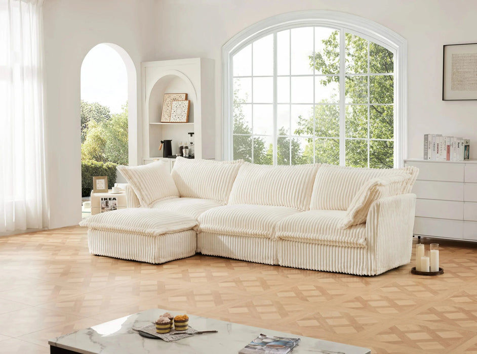 L-Shaped Slipcovered Sectional Sofa Couch, Comfy Deep Seat Cloud Couch with Convertible Ottoman & 2 Big Pillows, Modern Oversized 3 Seater Slipcovered Sofa Set for Living Room Office, Cream Corduroy Default -DTYStore