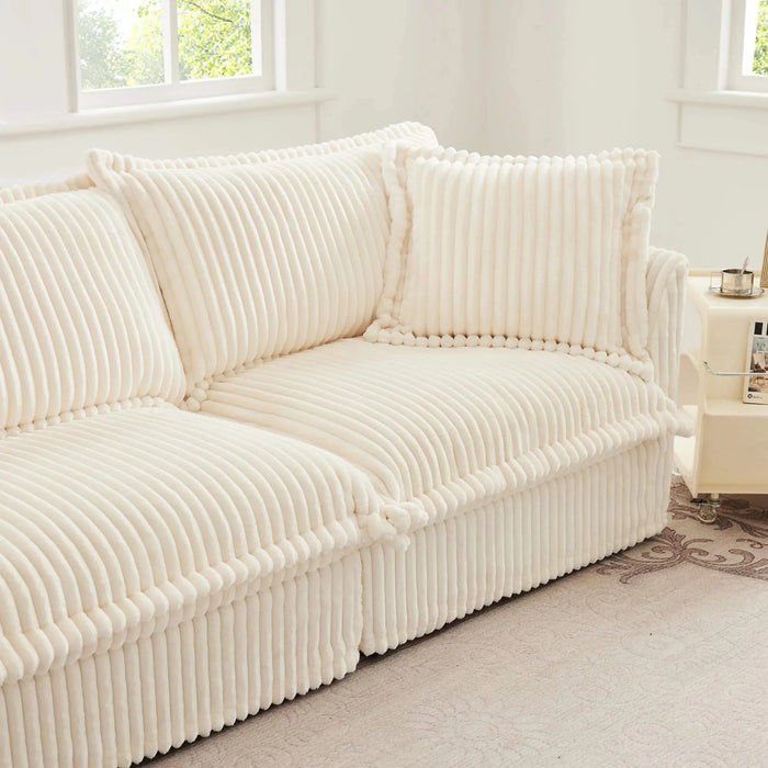 L-Shaped Slipcovered Sectional Sofa Couch, Comfy Deep Seat Cloud Couch with Convertible Ottoman & 2 Big Pillows, Modern Oversized 3 Seater Slipcovered Sofa Set for Living Room Office, Cream Corduroy Default -DTYStore