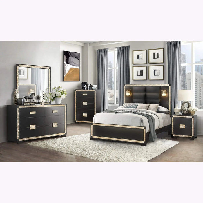 LIVELY Black/Gold Full Bedroom Set with Glitter Detail and Padded Headboard Default -DTYStore