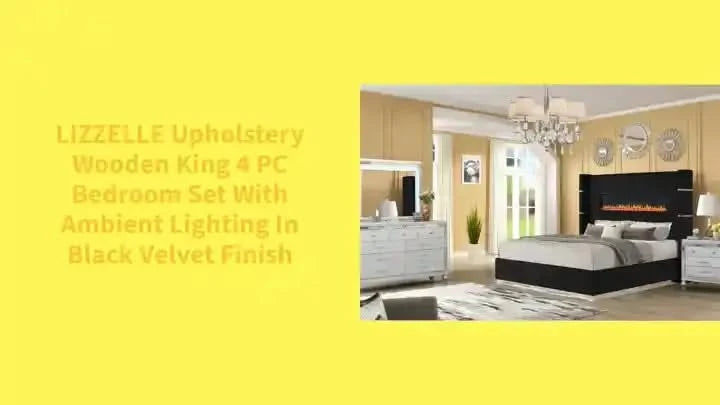 LIZZELLE Upholstery Wooden King 4 PC Bedroom set with Ambient lighting in Black Velvet Finish Default -DTYStore