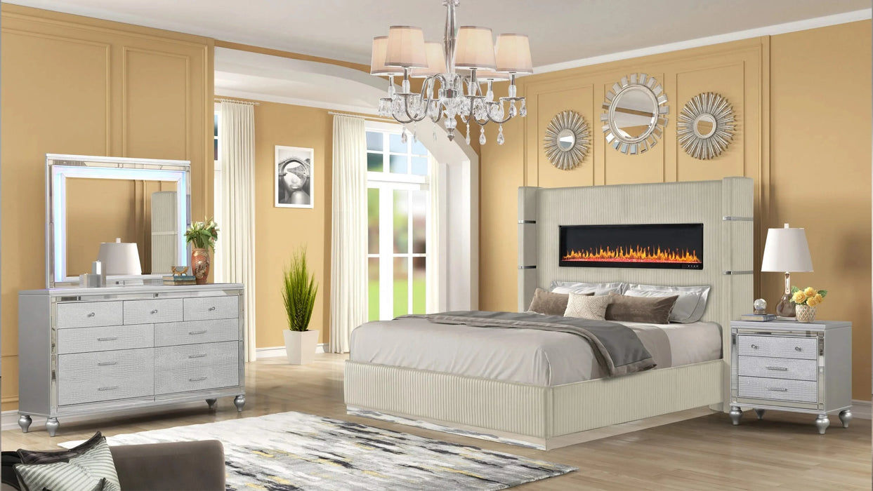 LIZZELLE Upholstery Wooden Queen 4 PC Bedroom set with Ambient lighting in Beige Velvet Finish(CA INVENTORY) Default -DTYStore