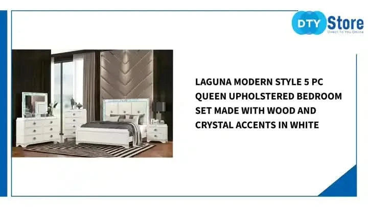 Laguna Modern Style 5 Pc Queen Upholstered Bedroom Set Made with Wood and Crystal Accents in White Default -DTYStore