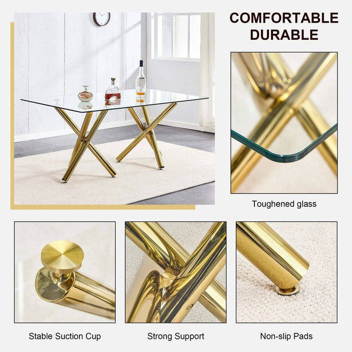 Large Modern Minimalist Rectangular Glass Dining Table for 6-8 with 0.39'Tempered Glass Tabletop and Golden Metal Legs,Kitchen Dining Living Meeting Room Banquet hall, 71' x 35.4' x 30'W1151S00798 Default -DTYStore