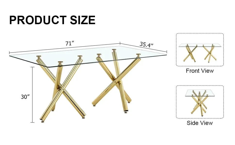 Large Modern Minimalist Rectangular Glass Dining Table for 6-8 with 0.39'Tempered Glass Tabletop and Golden Metal Legs,Kitchen Dining Living Meeting Room Banquet hall, 71' x 35.4' x 30'W1151S00798 Default -DTYStore