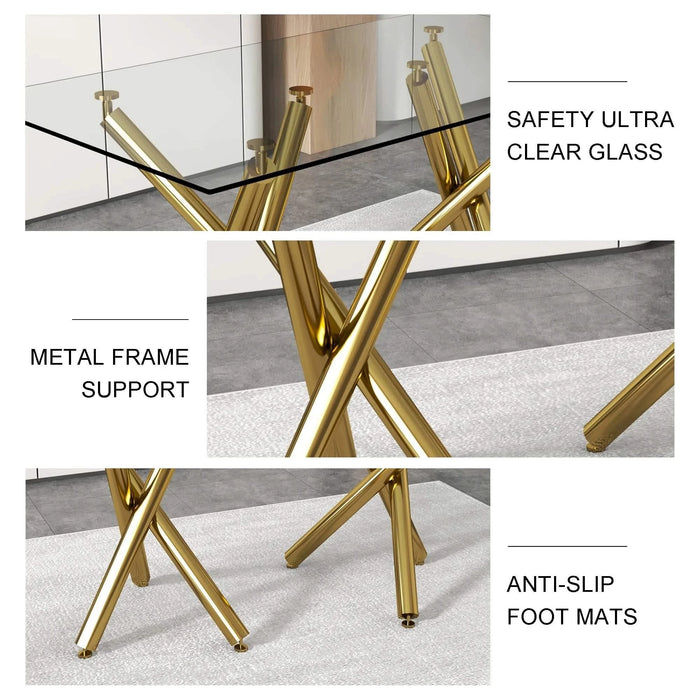 Large Modern Minimalist Rectangular Glass Dining Table for 6-8 with 0.39'Tempered Glass Tabletop and Golden Metal Legs,Kitchen Dining Living Meeting Room Banquet hall, 71' x 35.4' x 30'W1151S00798 Default -DTYStore