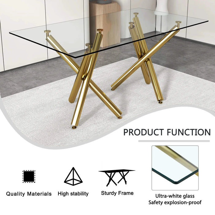 Large Modern Minimalist Rectangular Glass Dining Table for 6-8 with 0.39'Tempered Glass Tabletop and Golden Metal Legs,Kitchen Dining Living Meeting Room Banquet hall, 71' x 35.4' x 30'W1151S00798 Default -DTYStore