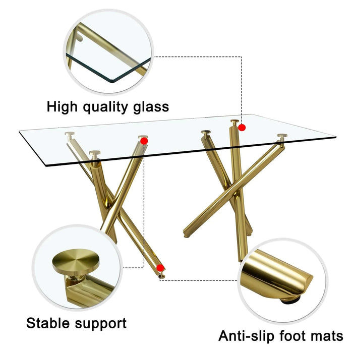 Large Modern Minimalist Rectangular Glass Dining Table for 6-8 with 0.39'Tempered Glass Tabletop and Golden Metal Legs,Kitchen Dining Living Meeting Room Banquet hall, 71' x 35.4' x 30'W1151S00798 Default -DTYStore