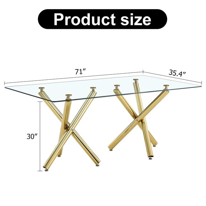 Large Modern Minimalist Rectangular Glass Dining Table for 6-8 with 0.39'Tempered Glass Tabletop and Golden Metal Legs,Kitchen Dining Living Meeting Room Banquet hall, 71' x 35.4' x 30'W1151S00798 Default -DTYStore