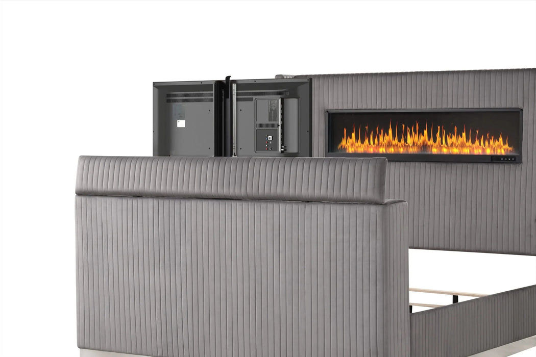 Lavish Modern Style 4 Pc King Bedroom Set Made with Fireplace in Headboard & TV stand in Footboard with Wood in Grey Default -DTYStore